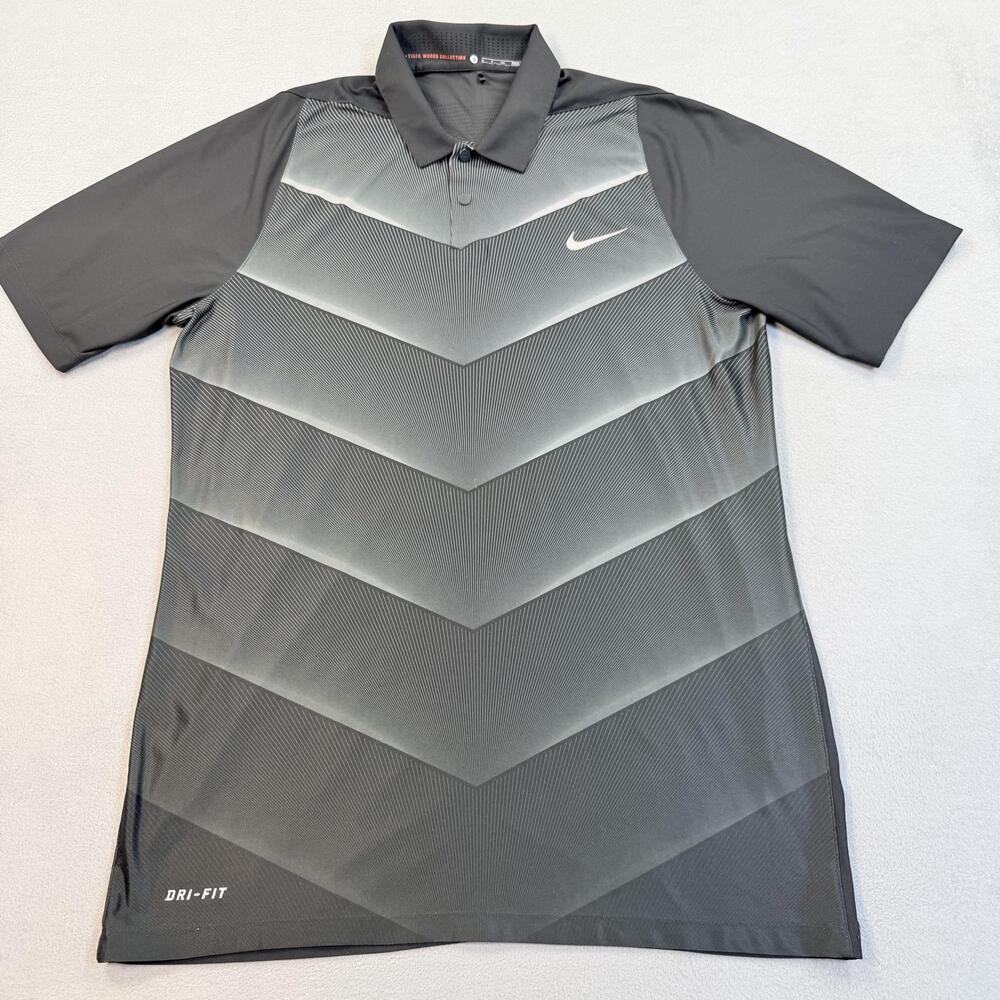 Nike Tiger Woods Polo Shirt Mens Small Gray Chevron Dri-FIT Golf Performance